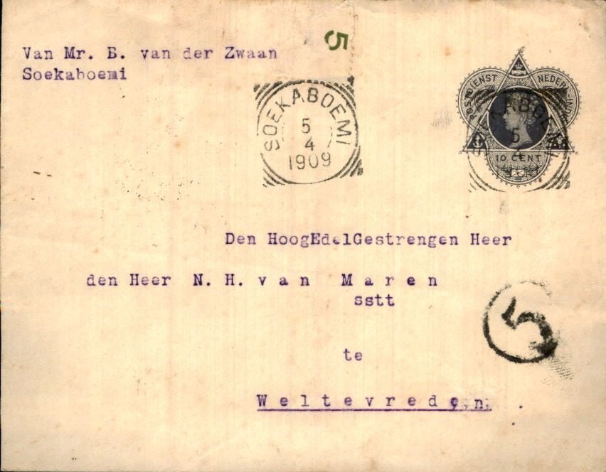 Nederlands Indië - Soekaboemi Stempel - 1909, Verzenden, Envelop