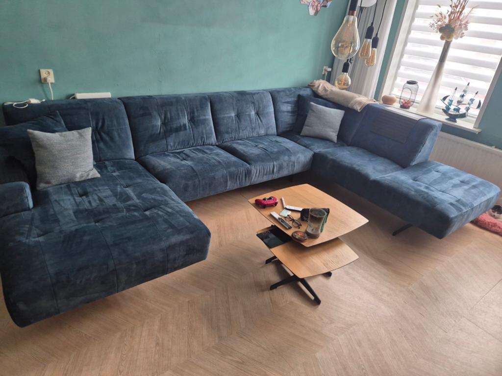 Grote Montèl hoekbank - Blauw stof - Zeer comfortabel, Huis en Inrichting, Banken | Bankstellen, Ophalen, Modern, Comfortabel