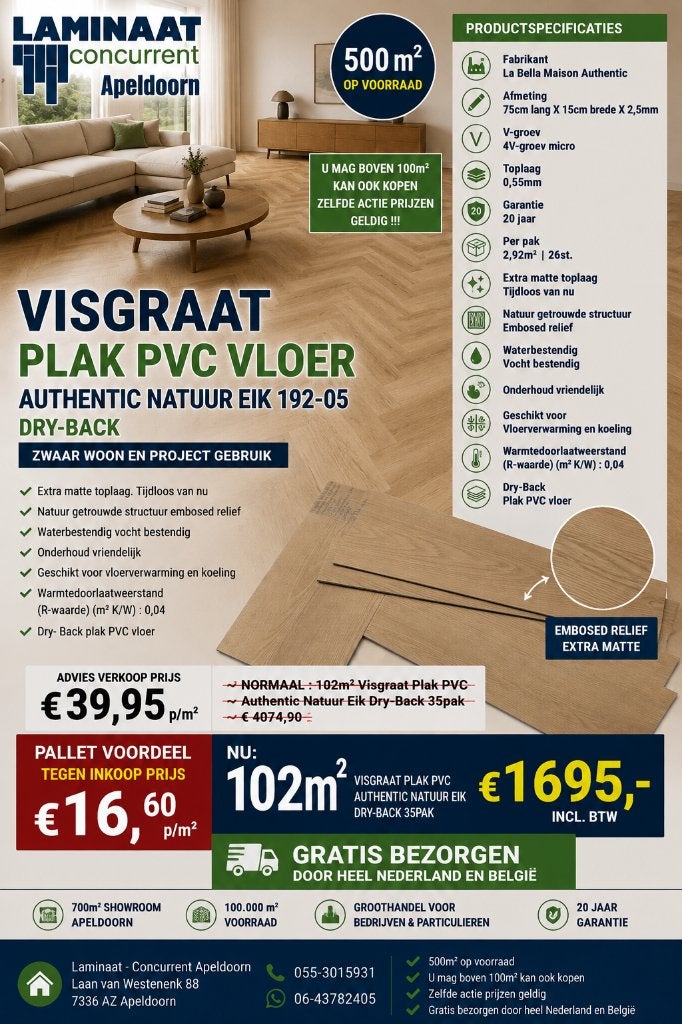 102m2 Visgraat Plak Pvc Natuur Dark  Dry-Back 35pak = €1695, Visgraat Plak Pvc natuur eiken Dry-Back, Bruin, 75 m² of meer, Nieuw