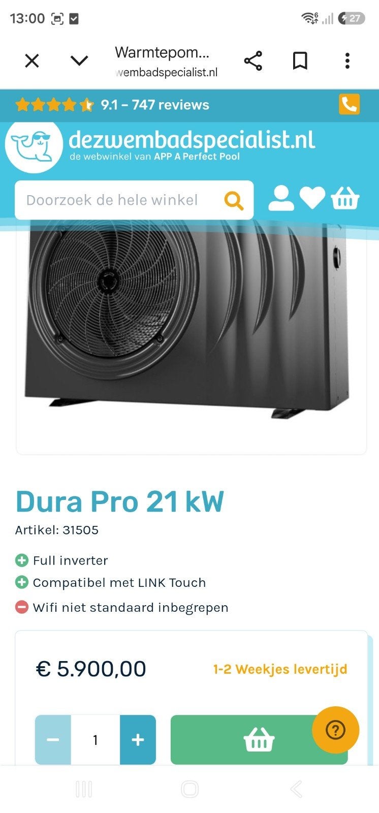 zwembad warmtepomp dura 21  19.5kw full inverter
19.5kw full, Ophalen