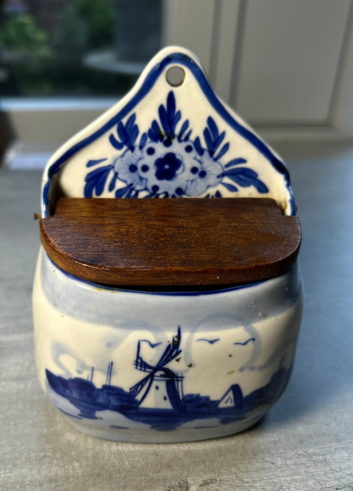 Antiek Delfts blauw zout wand pot, porselein hout, Ophalen of Verzenden