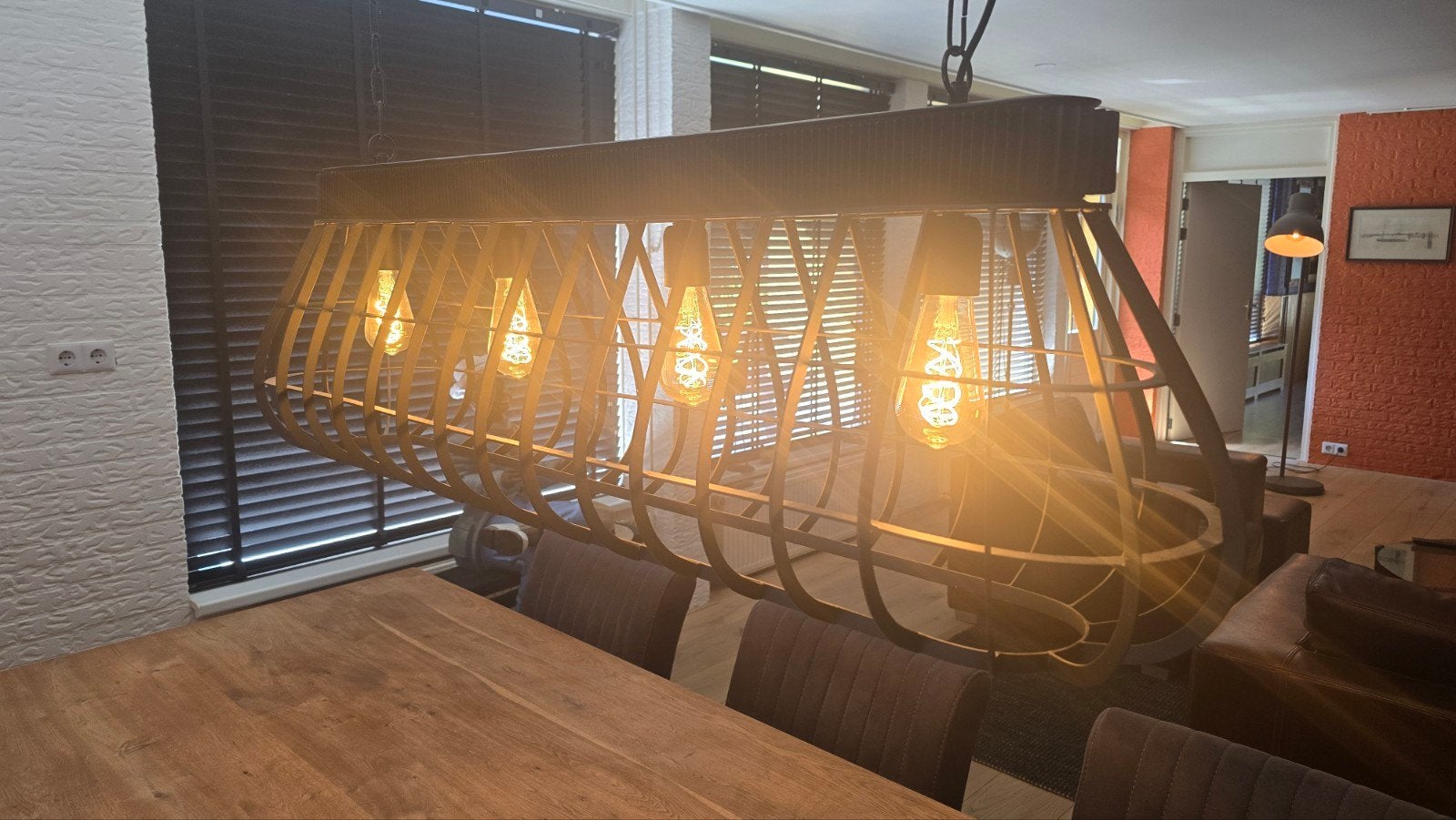 Industriële hanglamp met 5 Edison gloeilampen, Ophalen, E27 (groot), Zo goed als nieuw, Metaal