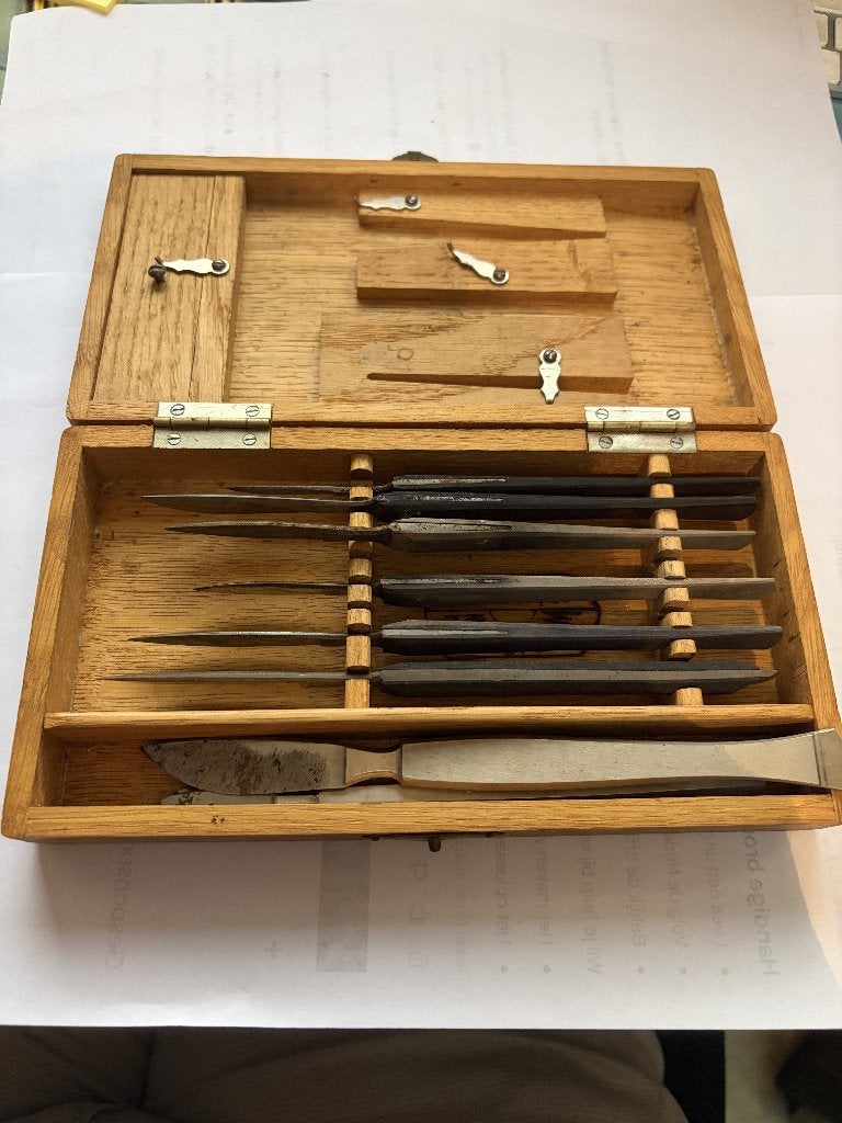 10 chirugische lancets (6 houten handvat) in kistje, Ophalen of Verzenden