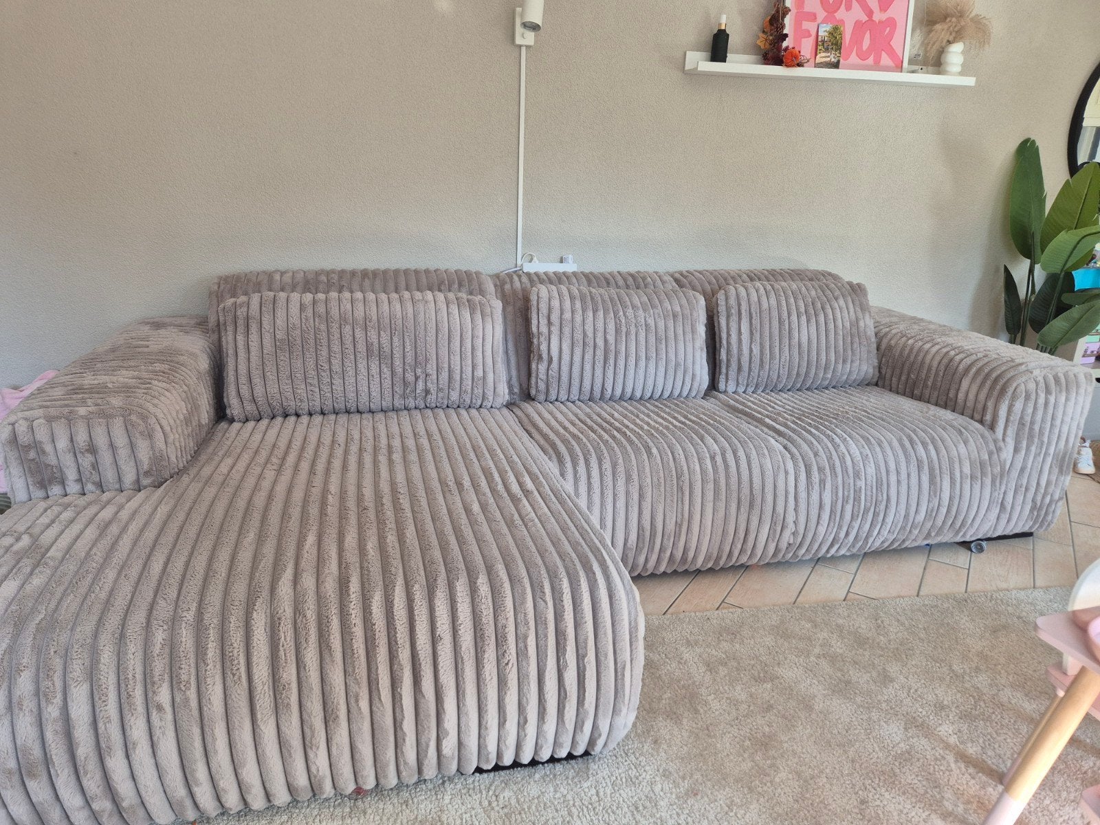 L-vormige bank van zachte beige stof, Ophalen, 250 tot 300 cm, 100 tot 125 cm, Hoekbank