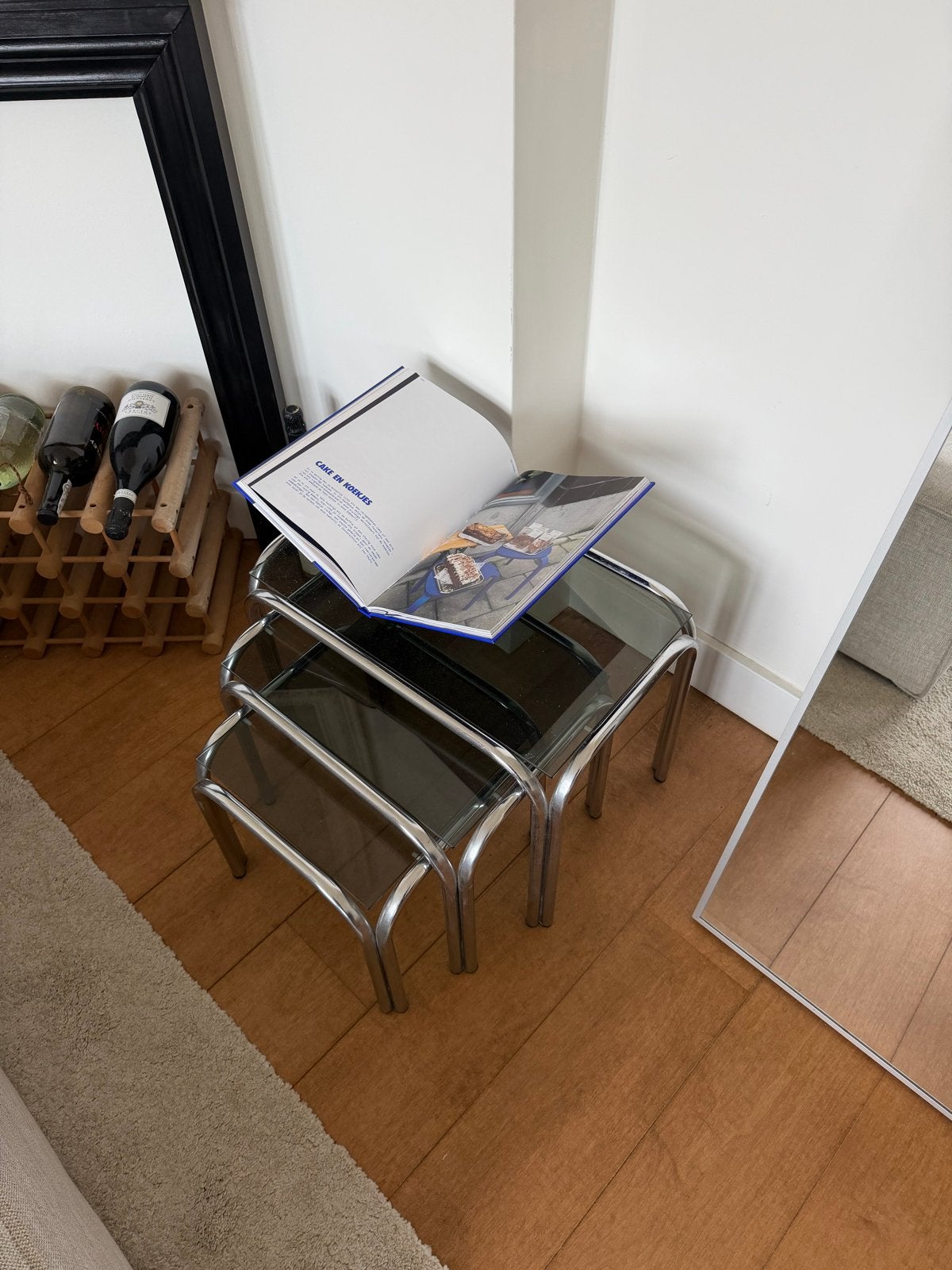 Set van 3 bijzettafels glas en chroom, Huis en Inrichting, Ophalen, Minder dan 45 cm, Minder dan 55 cm, Gebruikt