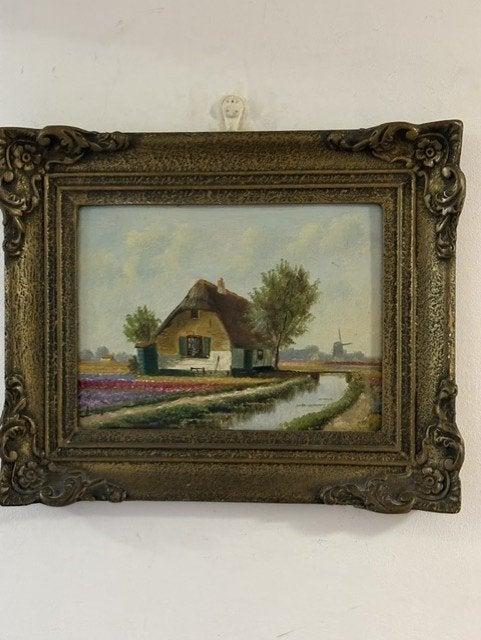 Schilderij landschap...boerderij, sloot en bollenvelden., Antiek en Kunst, Paneel, Nederlandse school, Ophalen of Verzenden, Landschap