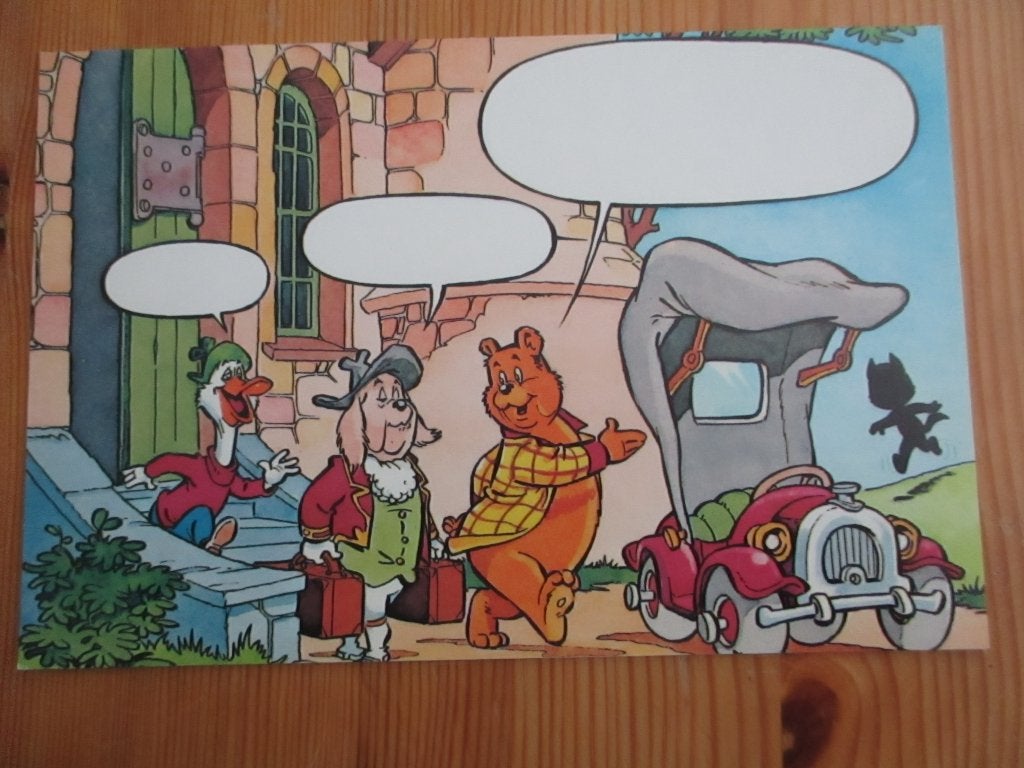 Oude ansichtkaart met stripfiguren en auto, Ophalen of Verzenden, 1960 tot 1980, Ongelopen, Gelderland