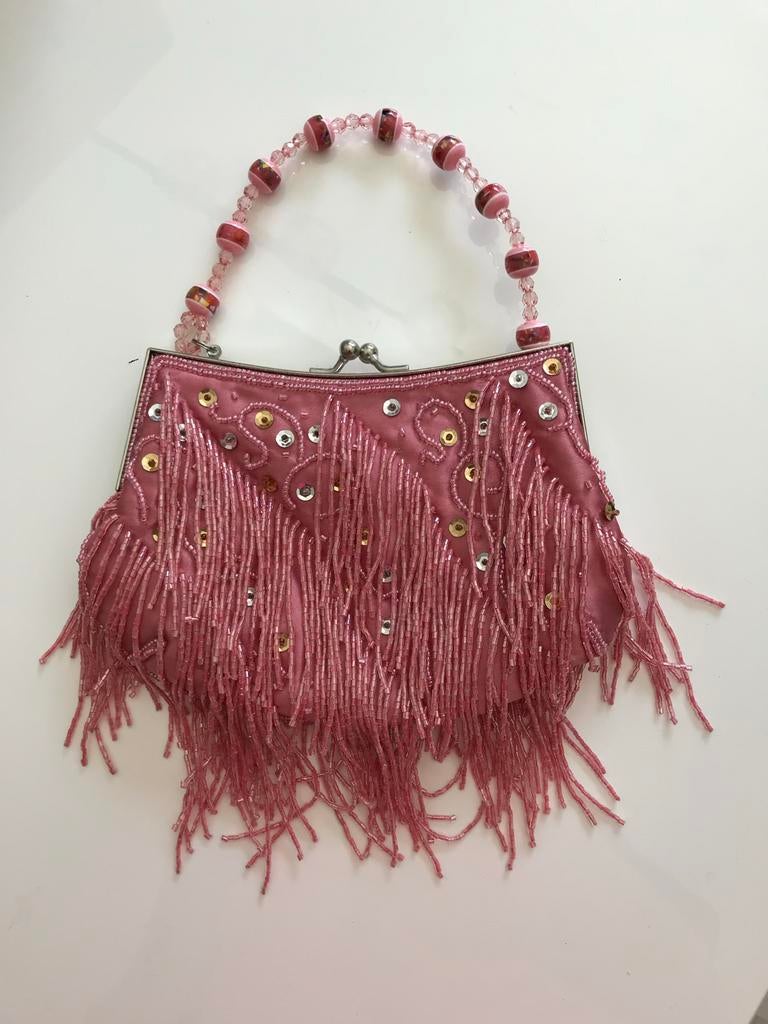 Roze Avondtasje met Kralen en Franjes, Sieraden, Tassen en Uiterlijk, Tassen | Damestassen, Ophalen of Verzenden, Gebruikt, Roze