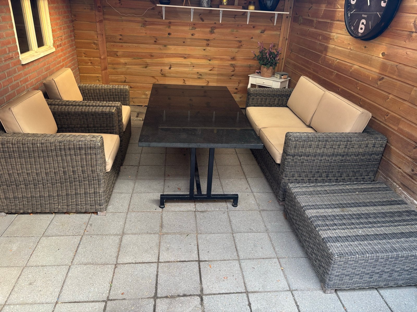 Loungeset met bank, stoelen en vierkant tafeltje, Ophalen, 4 zitplaatsen, Gebruikt, Loungeset