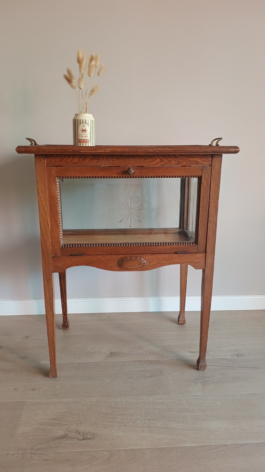 Vintage theekastje met geslepen ster | warm eiken, Glas, Zo goed als nieuw, Onbekend, 25 tot 50 cm