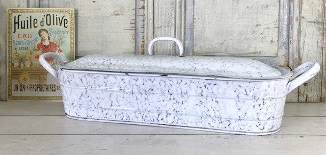 Grote Franse geëmailleerde vintage vispan wit blauw gewolkt, Ophalen of Verzenden