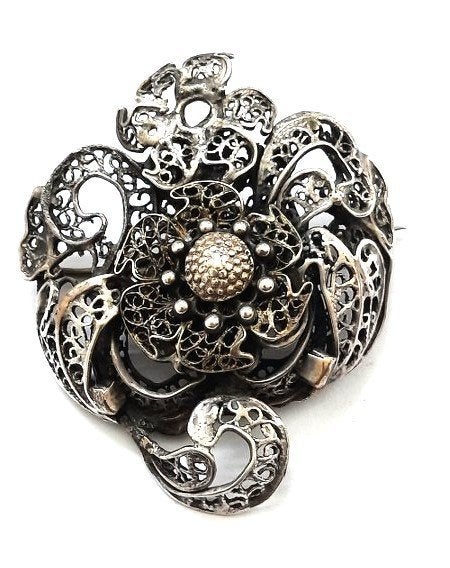 Grote Antieke filigrain Bloembroche Driedimensionaal zilver, Ophalen, Zilver, Broche