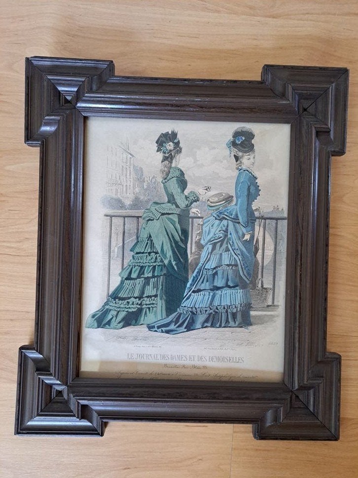 Antieke ingelijste prent met Franse dames, Ophalen of Verzenden, Print, Prent, Ingelijst