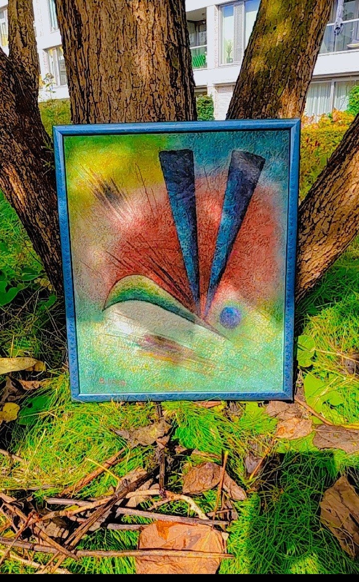 Abstract schilderij van B. Long, 64x54 cm, Antiek en Kunst, Ophalen