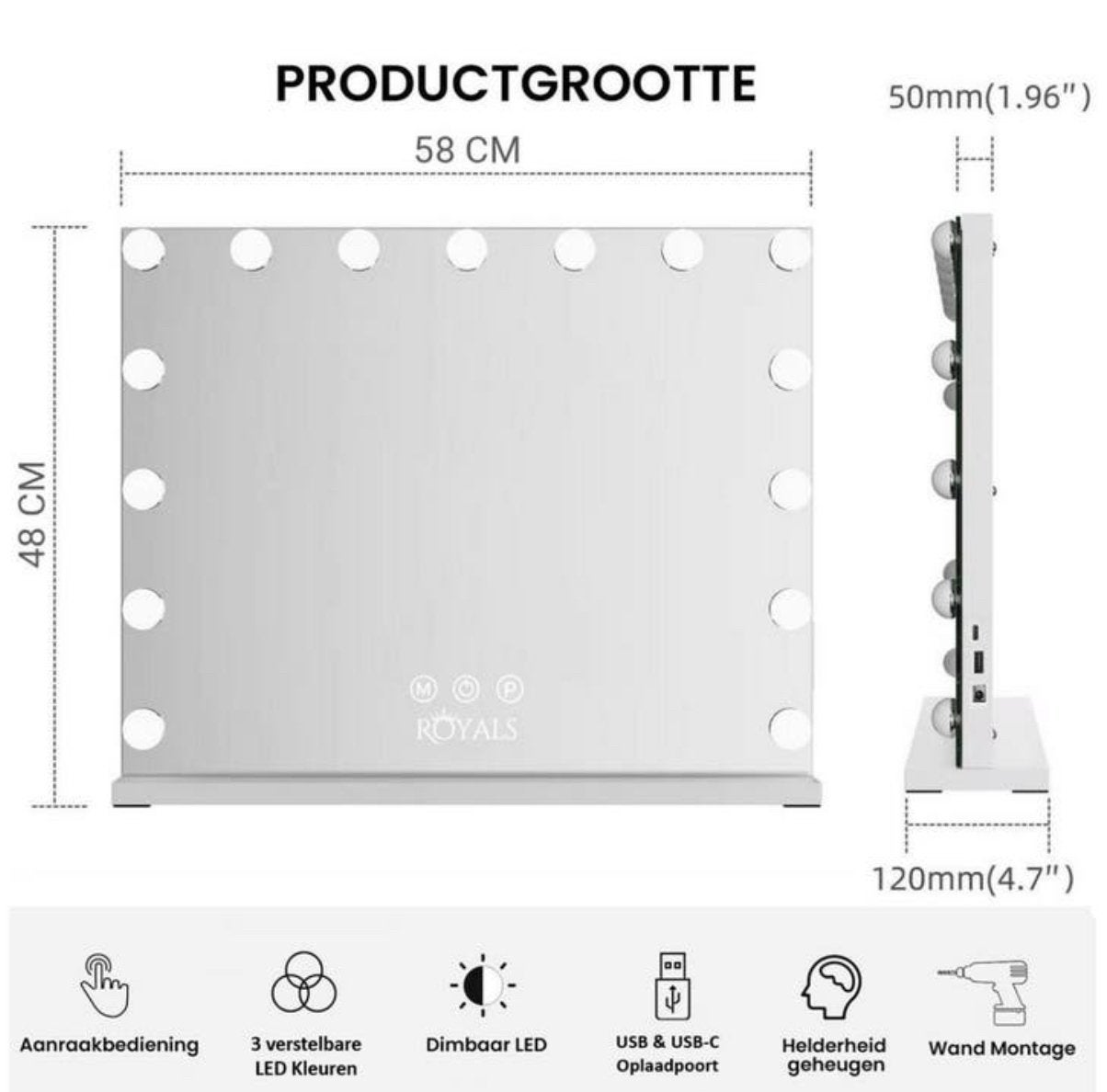 Vanity spiegel met LED verlichting en 3 kleurinstellingen, Ophalen, Rechthoekig, 50 tot 100 cm, Minder dan 100 cm