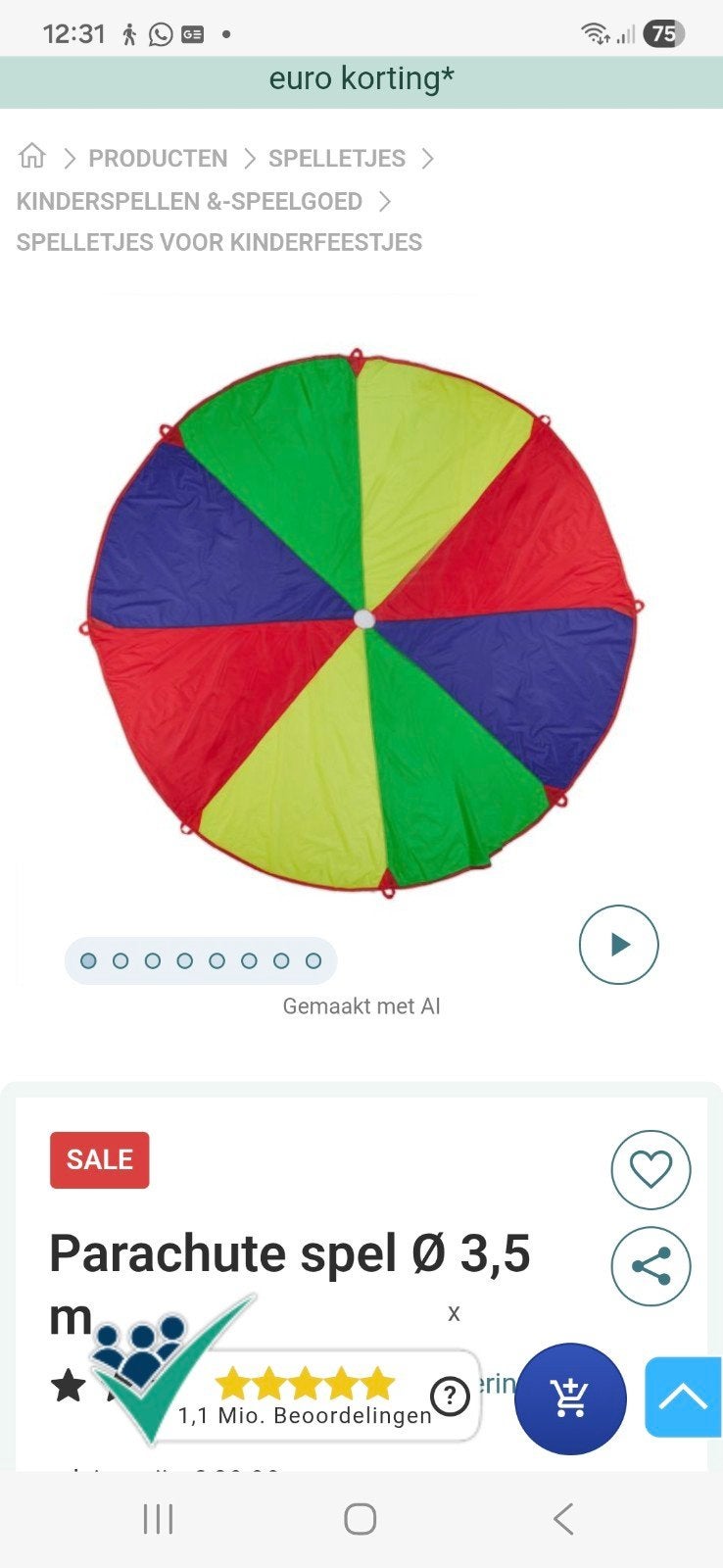 parachutespel 3.5 m, Sport en Fitness, Vliegeren, Ophalen of Verzenden, Nieuw