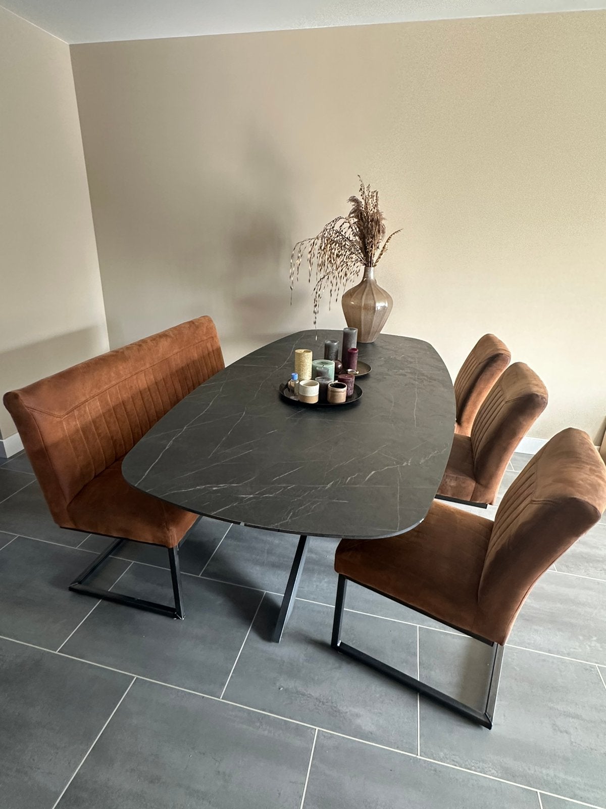 Eetbank en 3 stoelen - Cognag - hele set zonder tafel, Huis en Inrichting, Ophalen, Zo goed als nieuw, Metaal, Drie