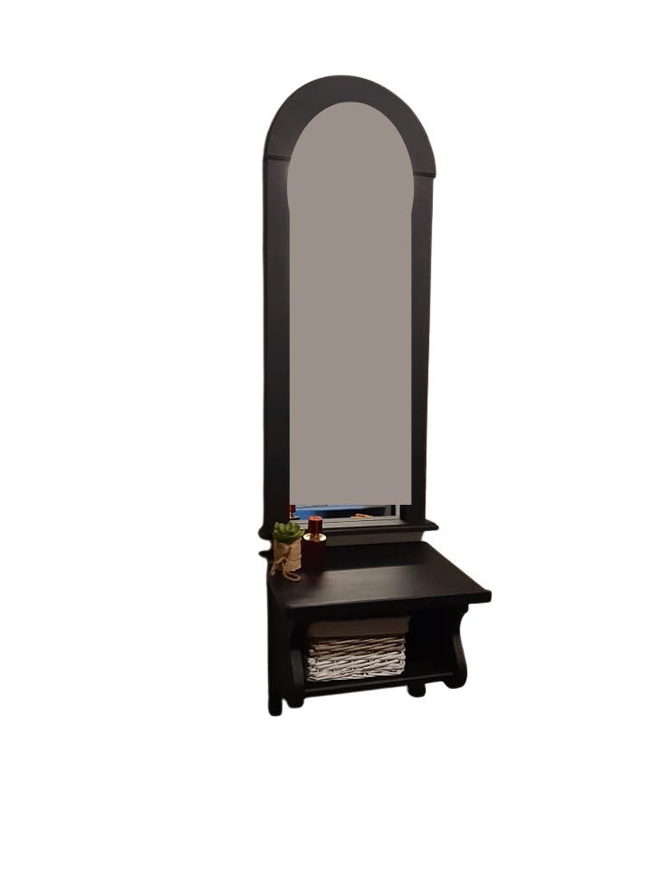 Zwarte spiegel met plankje - Halspiegel, Ophalen of Verzenden, Overige vormen, Minder dan 50 cm, 150 tot 200 cm