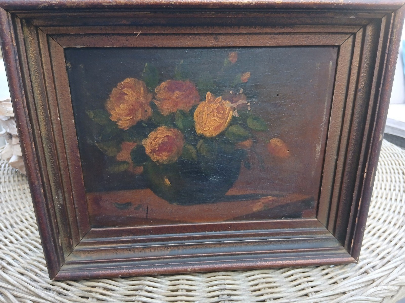 antiek paneelschilderij rozen in vaas, Antiek en Kunst, Kunst | Schilderijen | Klassiek, Bloemen, Paneel, Ingelijst, Ophalen of Verzenden