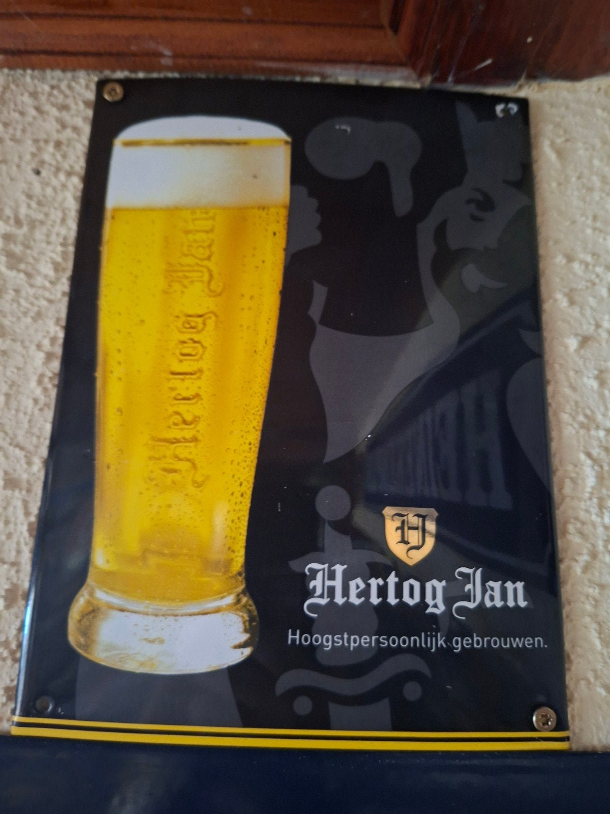 Hertog Jan Bier Emaille Bordje - Hoogstpersoonlijk Gebrouwen, Ophalen of Verzenden, Zo goed als nieuw, Reclamebord, Plaat of Schild