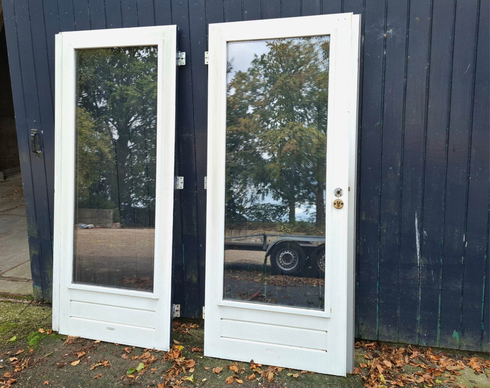 Twee hardhouten terrasdeuren HR++glas (2020), Gebruikt, Deurkozijn, 150 tot 225 cm, Inclusief glas