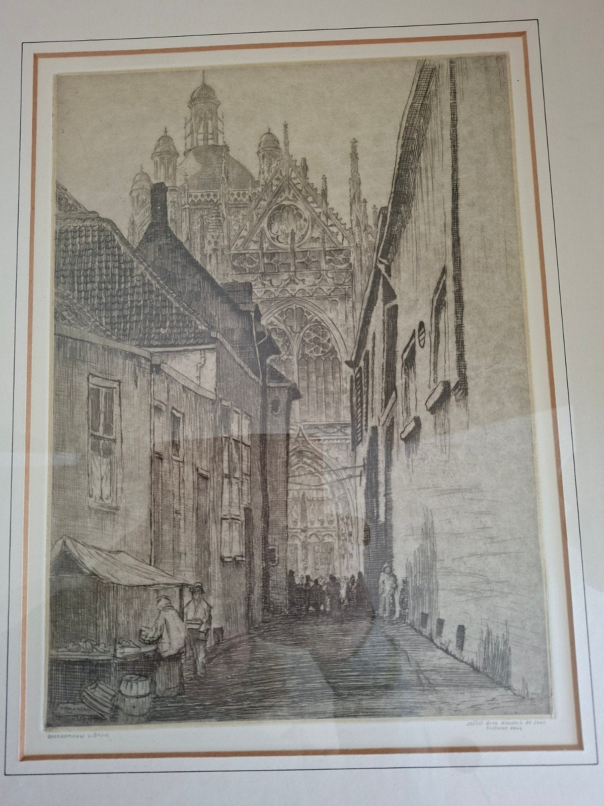 Originele ets van Hendrik de Laat - Stadsgezicht Den Bosch, Ets, Stadsgezicht, 1900 - 1949, Ingelijst
