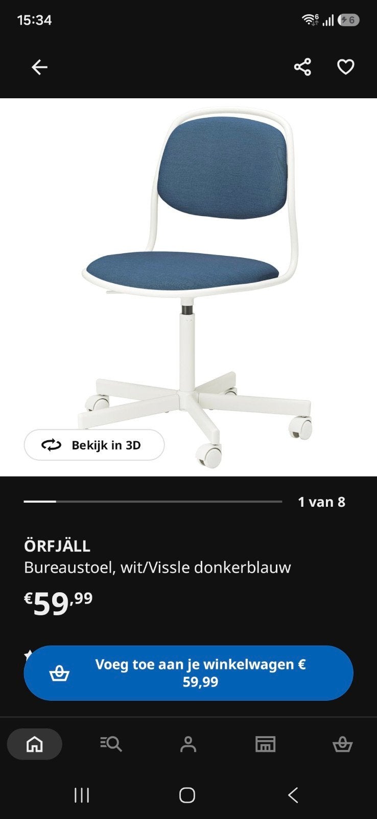 Ikea bureaustoel Orfjall blauw, Ophalen, Zo goed als nieuw, Blauw, Bureaustoel