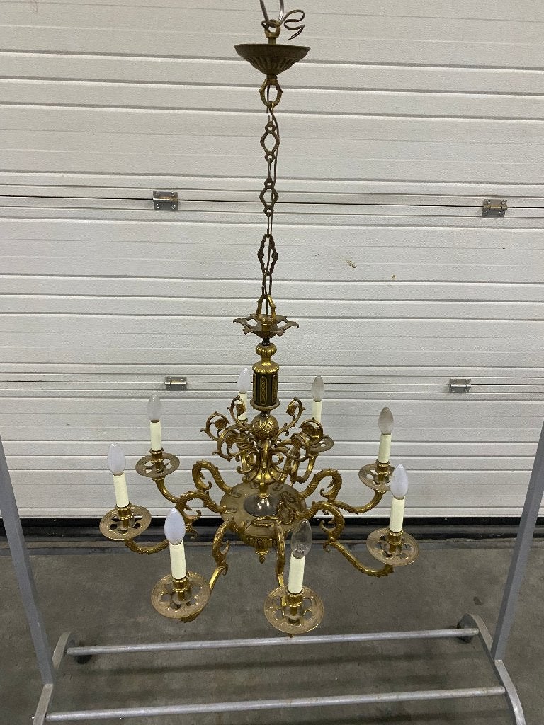 Antieke bronzen Kroonluchter met 8 Armen, Ophalen, Gebruikt, E14 (klein), Klassiek, Antiek, Barok