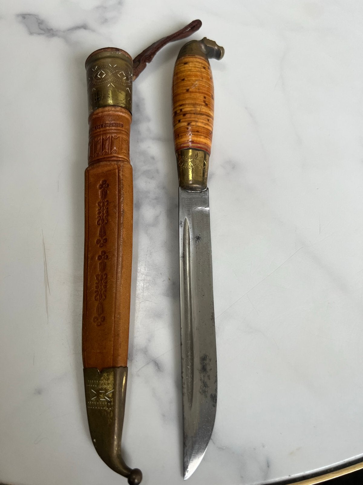 Vintage Fins mes met leren schede - Made in Finland, Ophalen of Verzenden