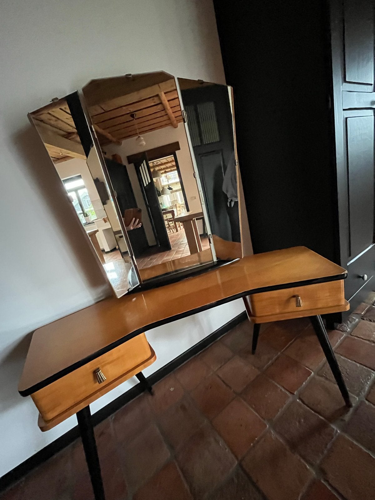 Vintage Kaptafel met Spiegel en Lades, Ophalen, Gebruikt, Hout, 100 tot 150 cm
