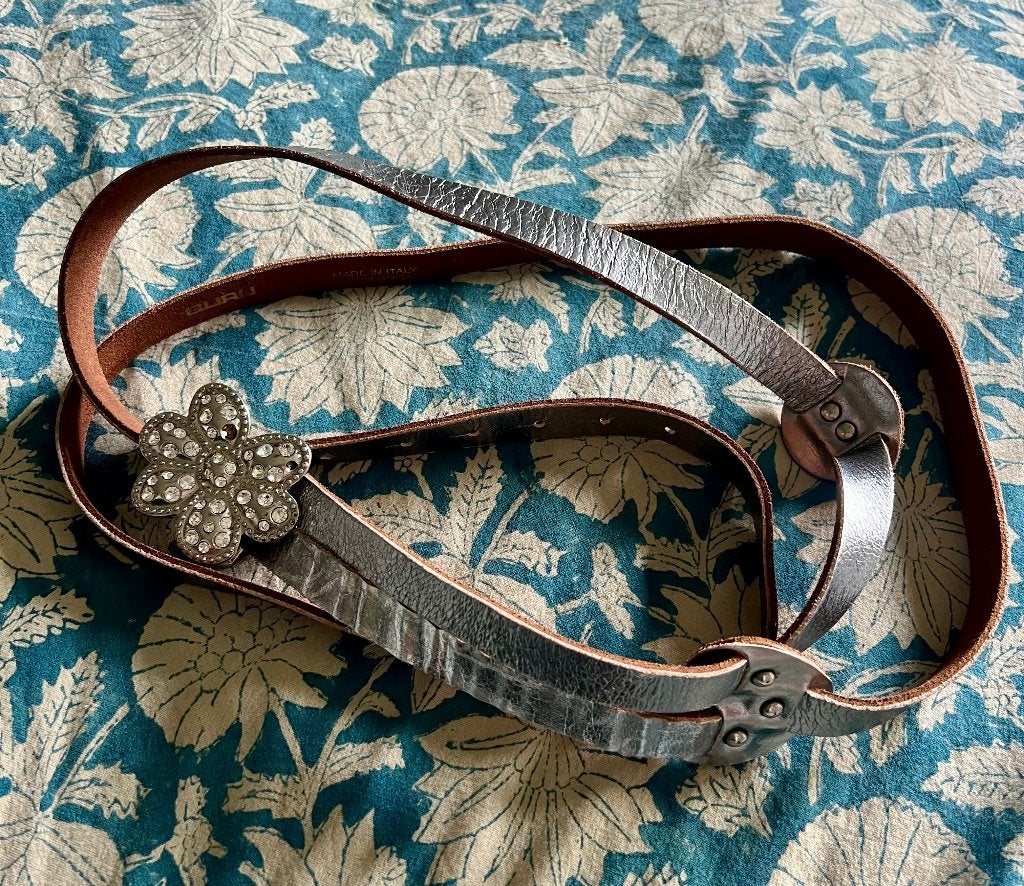 Vintage lang zilver leren taille riem strass gesp GURU Italy, Overige kleuren, Echt leder, Ophalen of Verzenden, Zo goed als nieuw