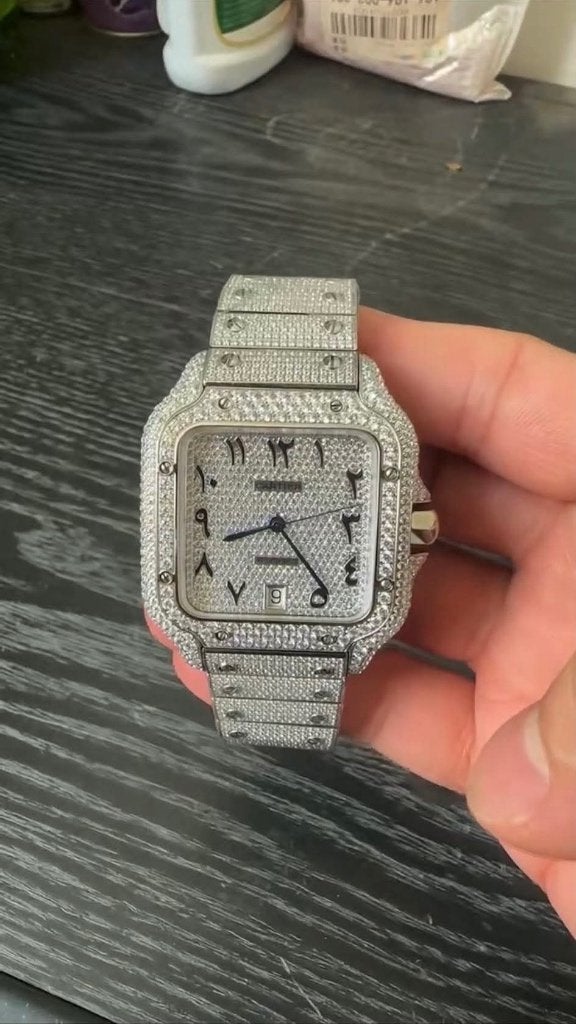 Cartier santos iced out full diamonds horloge, Overige merken, Staal, Staal, Polshorloge