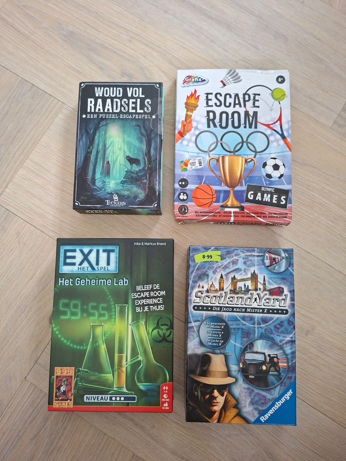 Vier diverse bordspellen: Escape Room, Exit, Scotland Yard, Een of twee spelers, Ophalen of Verzenden, Gebruikt, Grafix, 999 Games, Ravensburger, Tuckers