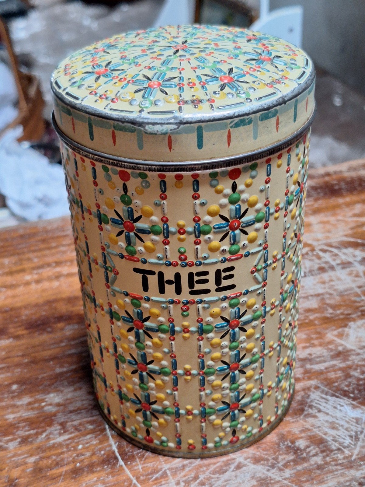 oud blik "kraaltjes" - thee, Ophalen, Gebruikt, Overige
