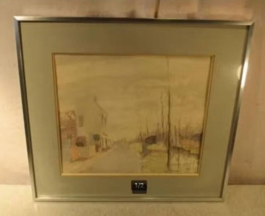 Mooi Geschilderd Aquarel 'Huis en Straat' - 51x46, Ophalen of Verzenden, Achter glas, Aquarel