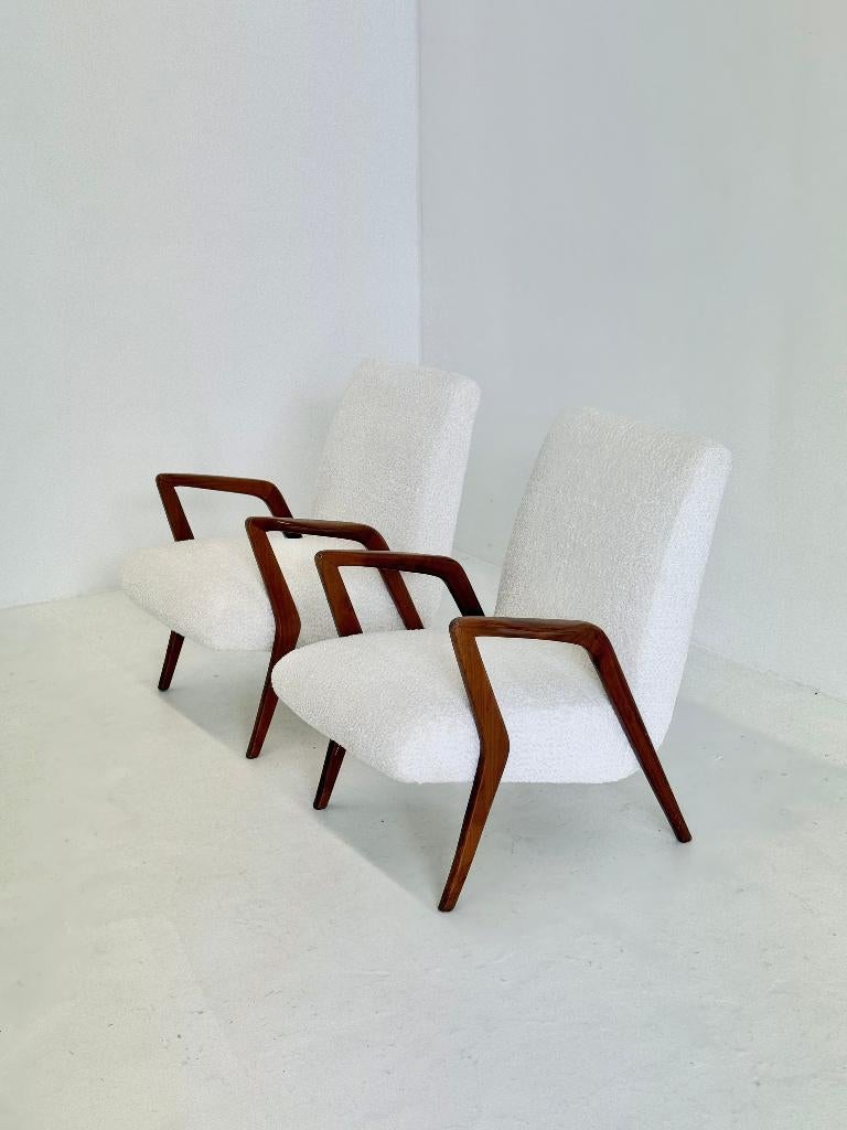 Italiaanse mid century lounge fauteuil hout witte bouclé, Ophalen, Overige materialen, -, -