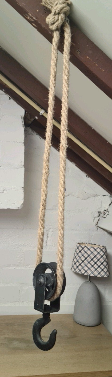 Decoratief katrol aan touw met haak (zwaar) 72 cm, Ophalen of Verzenden