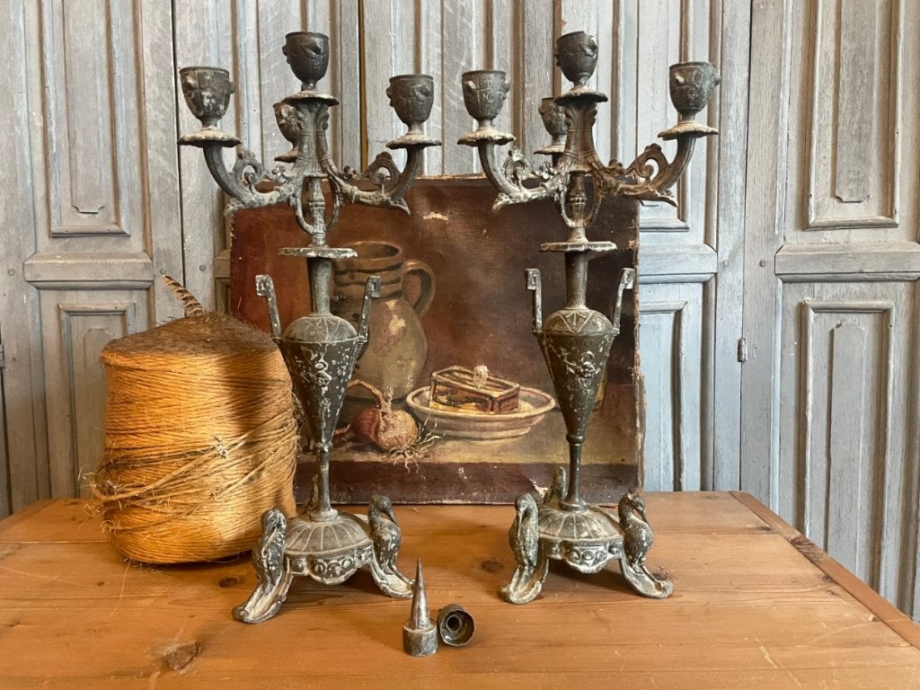 set Kandelaars met vogels Kaarsenstandaard Frans antiek, Ophalen of Verzenden