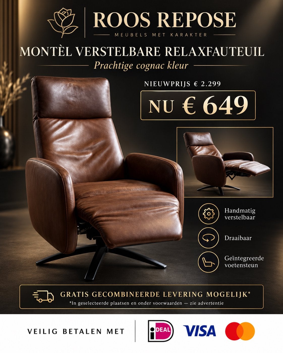 Montèl verstelbare relaxfauteuil cognac – nieuwprijs €2.299, Montél, Ophalen of Verzenden, Zo goed als nieuw, 75 tot 100 cm