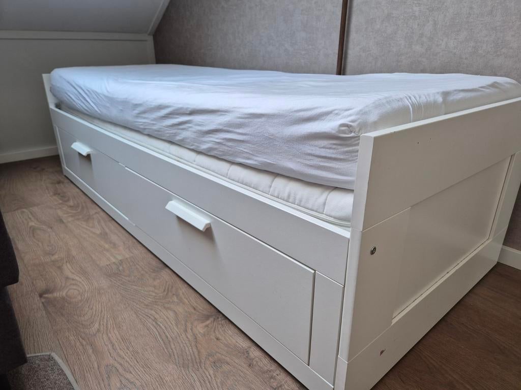 IKEA Brimnes Uitschuifbed 80/160x200 met lades, Wit, Tweepersoons, Ophalen of Verzenden, Zo goed als nieuw