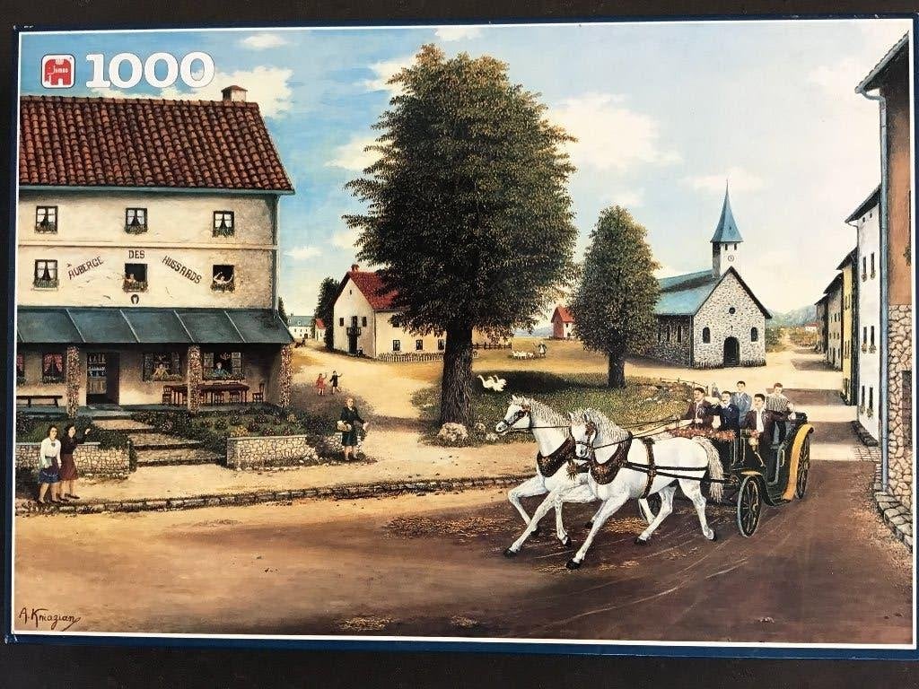 Jumbo Naïeve Kunst Puzzel Herberg der Huzaren 1000 stukjes, Hobby en Vrije tijd, Ophalen of Verzenden, 500 t/m 1500 stukjes, Zo goed als nieuw