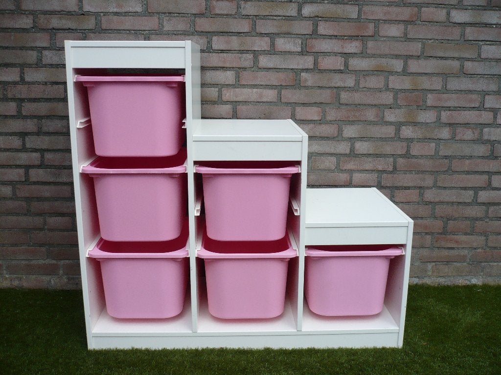 Ikea Trofast witte opbergcombinatie met 6 roze bakken, Ophalen, Gebruikt, Kast, 75 tot 100 cm