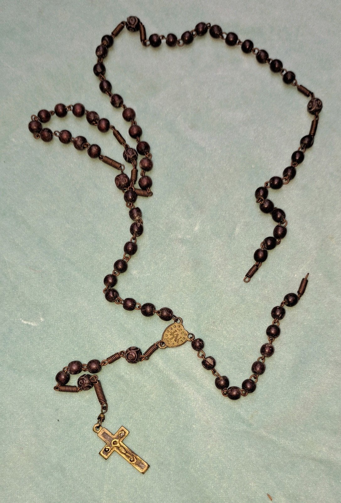Antieke rozenkrans met houten kralen en metalen kruis, Ophalen of Verzenden