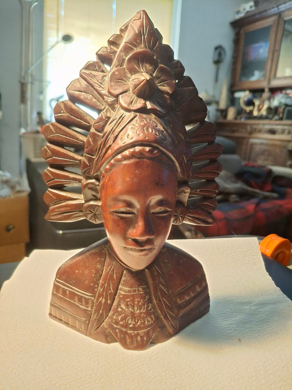 Uniek Houten   Buste van Indonesische Danseres met Hoofdtooi, Antiek en Kunst, Kunst | Niet-Westerse kunst, Hout, Bruin, Ophalen of Verzenden