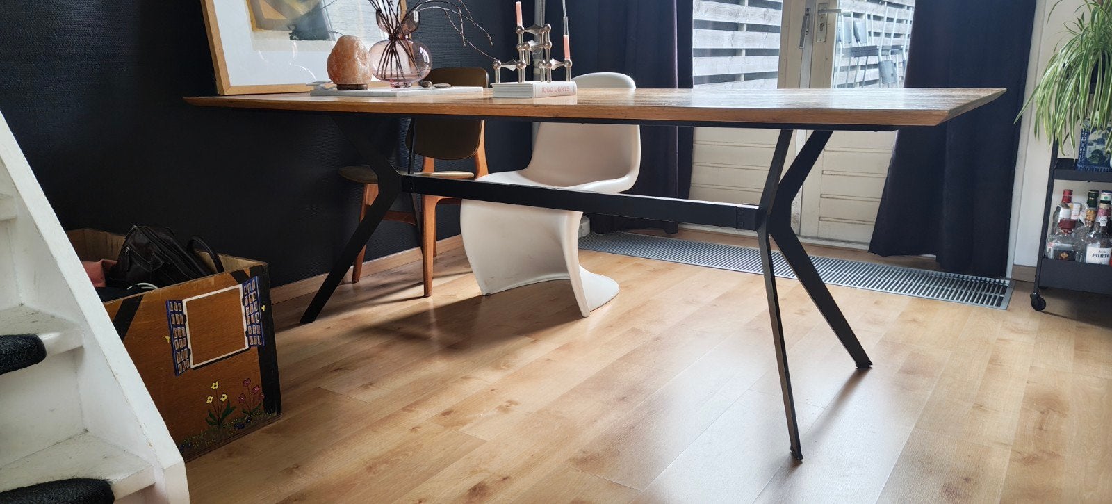 Bodilson eettafel met eiken blad en stalen frame, Ophalen, Gebruikt, 200 cm of meer, 50 tot 100 cm