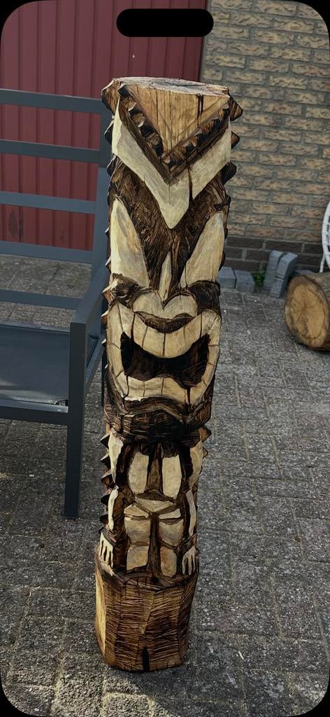 Unieke handgemaakte Tiki totempaal - Kettingzaagkunst, Ophalen of Verzenden, Handgemaakt, 1 meter - 2 meter, Hout