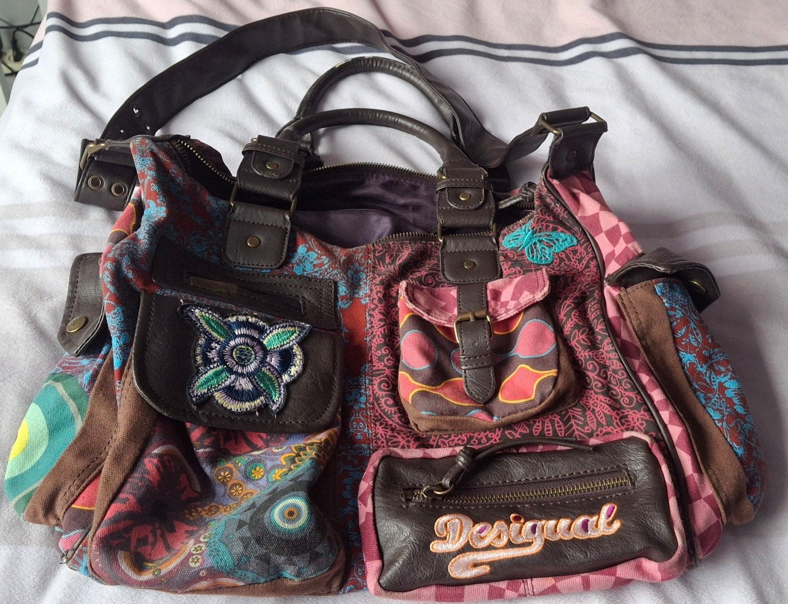 Orginele Desigual Handtas - Kleurrijk met bruin leer, Ophalen of Verzenden, Gebruikt, Overige kleuren, Handtas