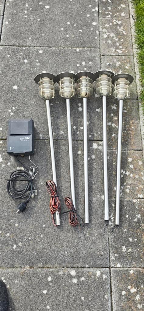5x RVS Tuinlampen met in-lite 12V Transformator, Ophalen