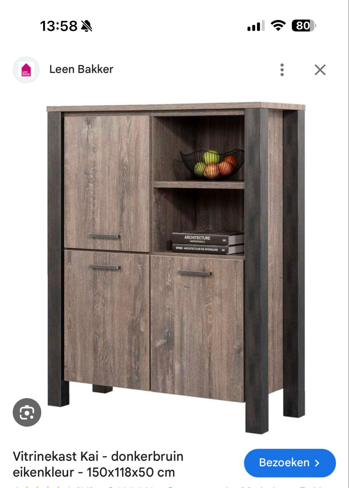 Vitrinekast Kai donkerbruin eikenkleur - Leen Bakker, Ophalen, Gebruikt, 100 tot 150 cm, 150 tot 200 cm