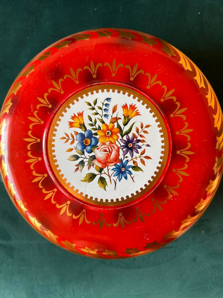 Vintage Koektrommel Rood met Bloemenpatroon, Ophalen of Verzenden